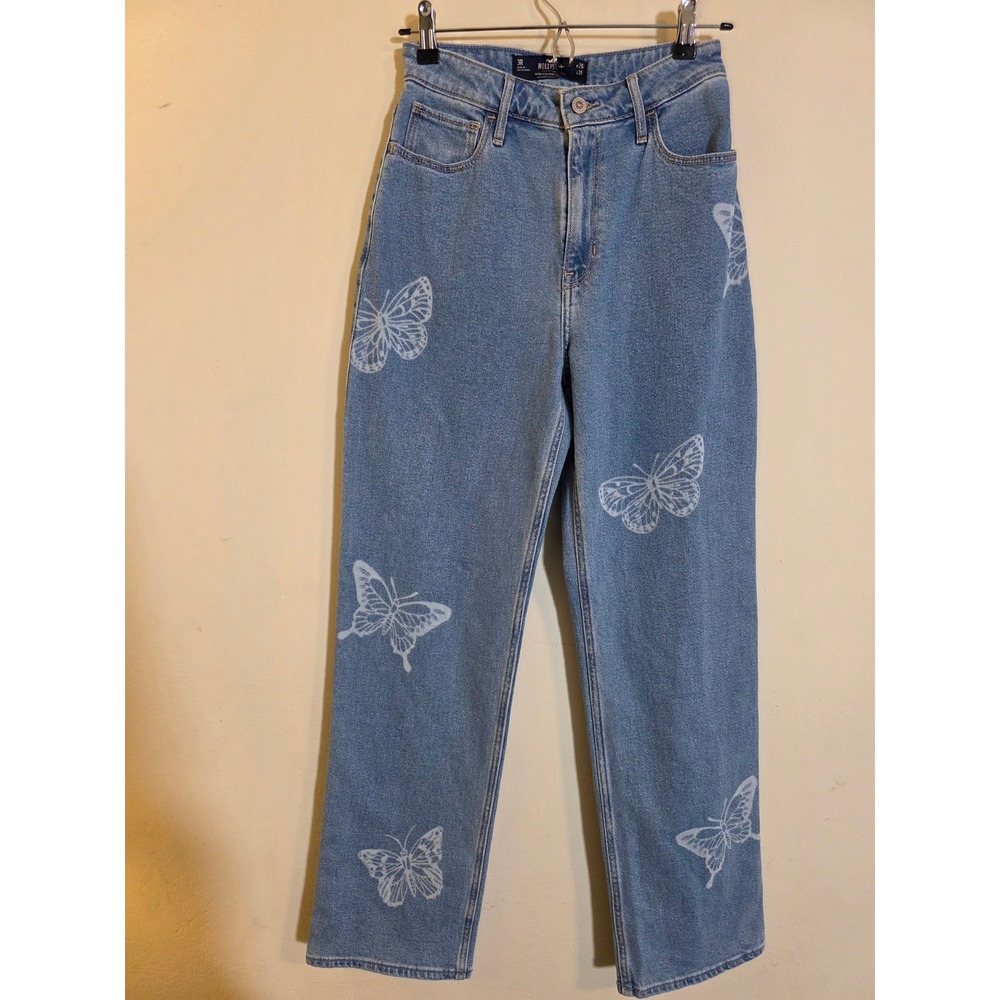 Hollister Ultra High-Rise Dad Jeans Light Wash Butterfly Print 26X31 Size 3R NWT - Picture 2 of 10